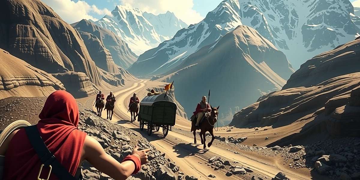 Cumin Chronicles Spice Trail screenshot showing a merchant caravan traveling through a mountain pass with guards protecting against bandits