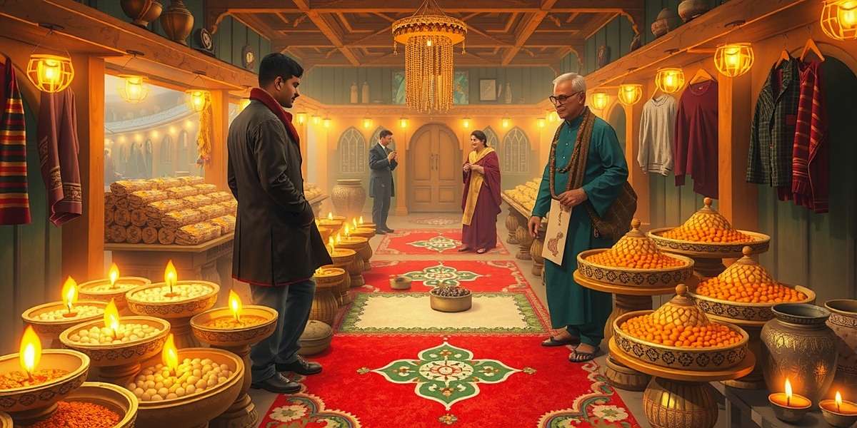 Cumin Chronicles Spice Trail Diwali event showing a marketplace decorated with lamps and rangoli, with merchants exchanging gifts