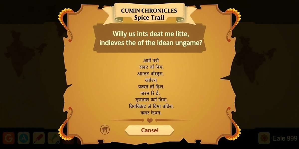 Cumin Chronicles Spice Trail language selection screen showing various Indian language options with regional cultural motifs