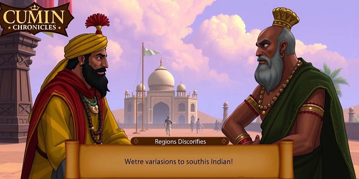 Cumin Chronicles Spice Trail screenshot showing regional variations - a North Indian merchant in traditional attire negotiating with a South Indian ruler
