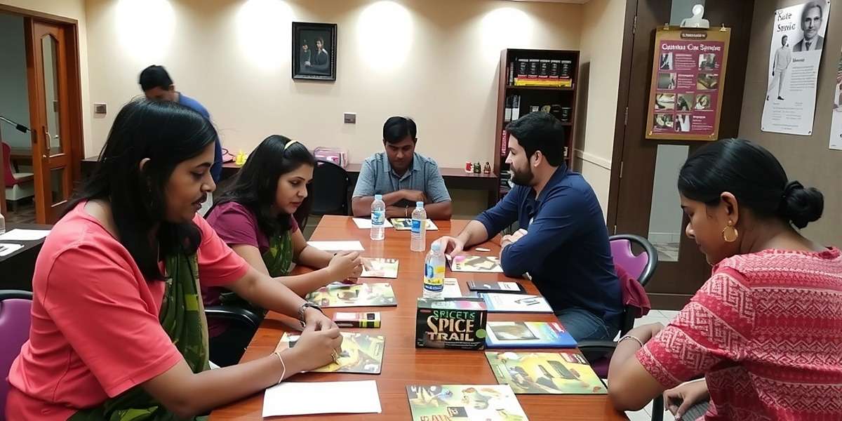 Cumin Chronicles Spice Trail players at a community meetup in Chennai, discussing strategies and displaying game merchandise